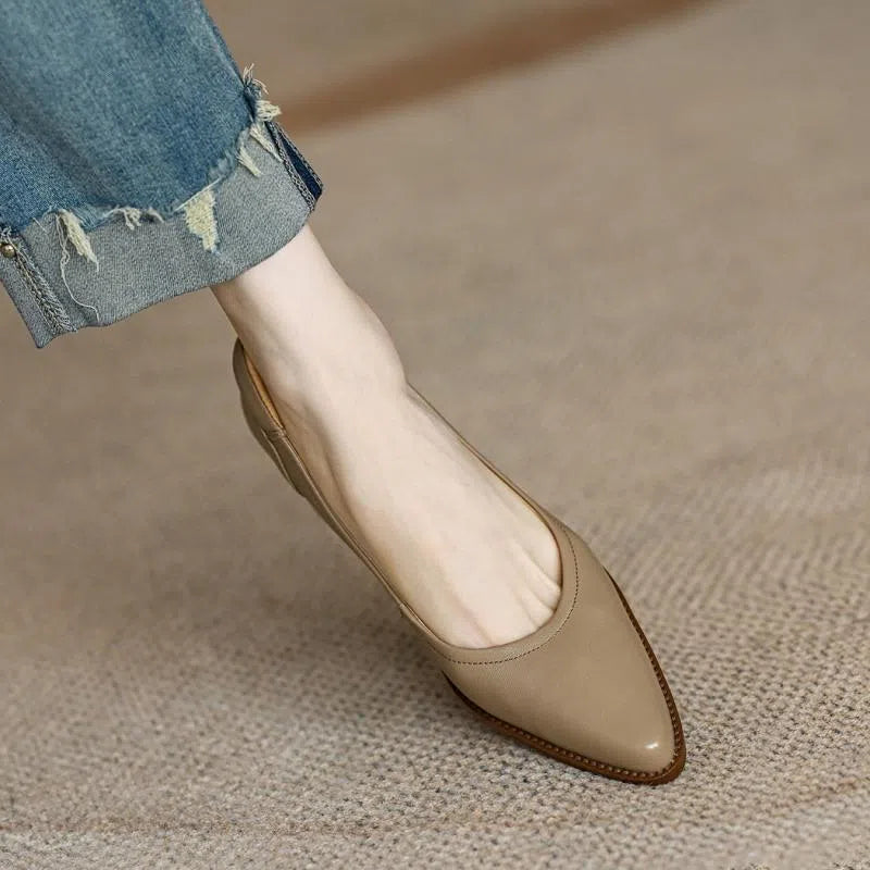 Women's retro brown pointed toe mid heel chunky heel commuting shoes with anti-slip sole, side view