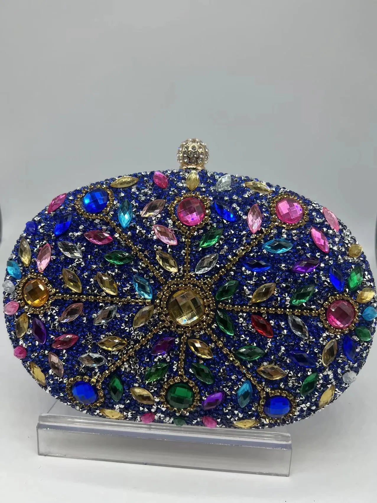 Gold hardware and rhinestone banquet handbag with structured retro design measuring 20cm wide