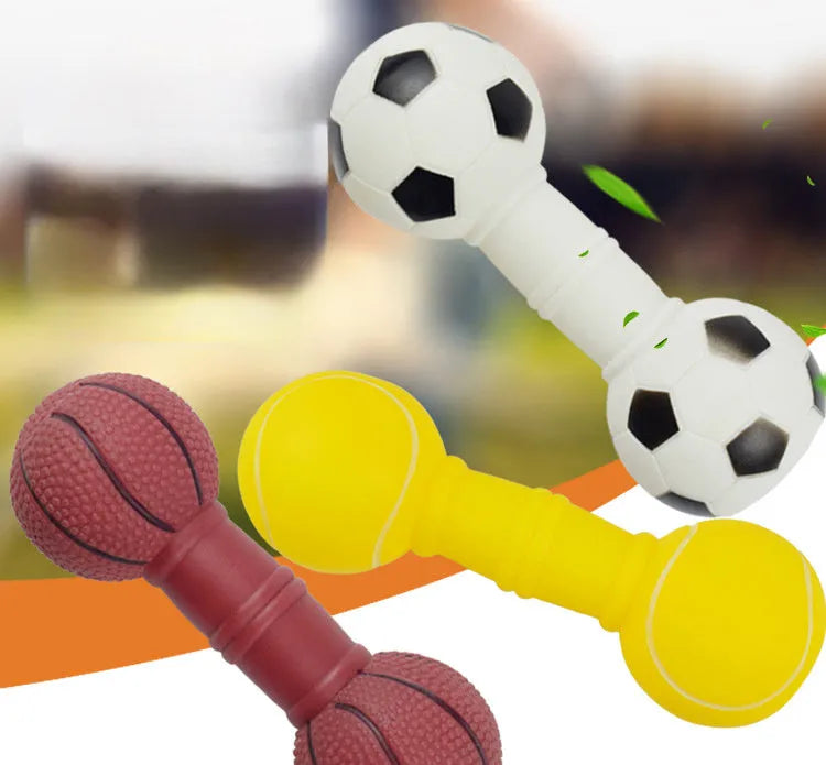 Brown and orange dumbbell-shaped PVC squeaky dog toy for small and medium pets.