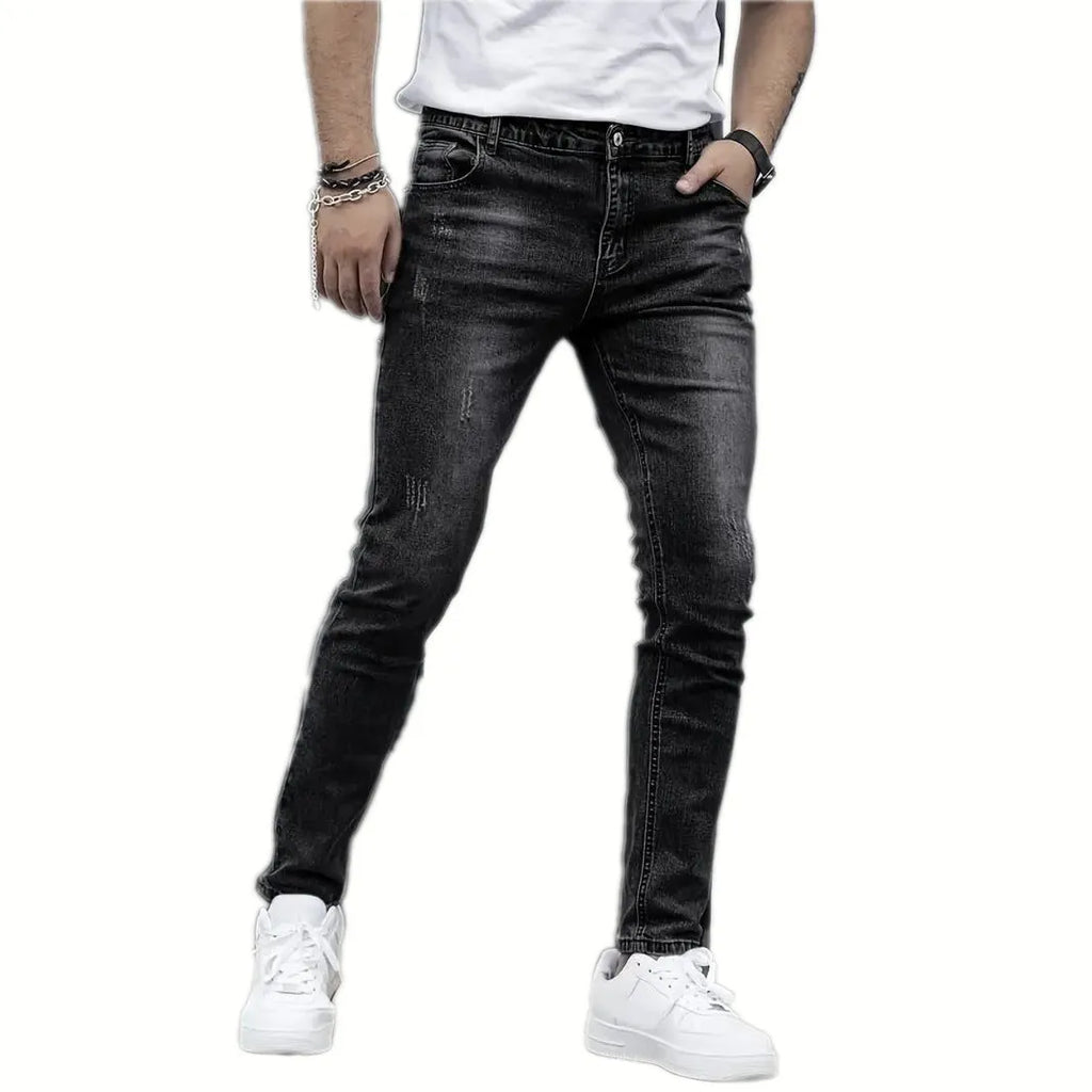 Men's straight leg stretch jeans in black, dark blue, and gray colours with skinny open leg style