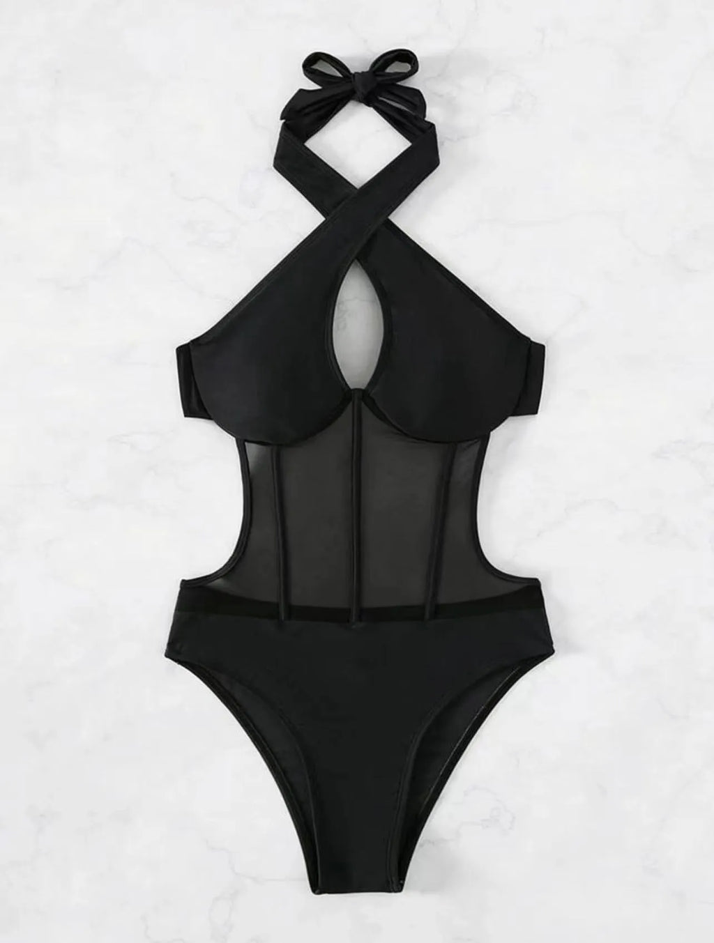 Women's black one-piece swimsuit bikini in spun yarn fabric with nylon polyester spandex blend