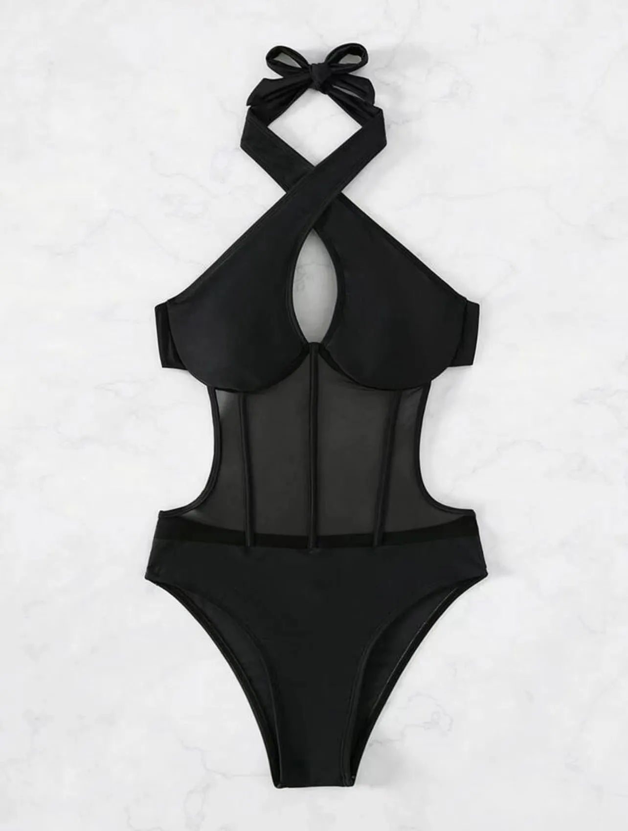 Women's black one-piece swimsuit bikini in spun yarn fabric with nylon polyester spandex blend