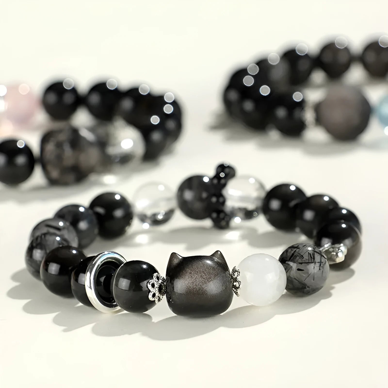 Silver Stone Fox Crystal Beaded Bracelet with diamond-shaped beads and electroplated finish