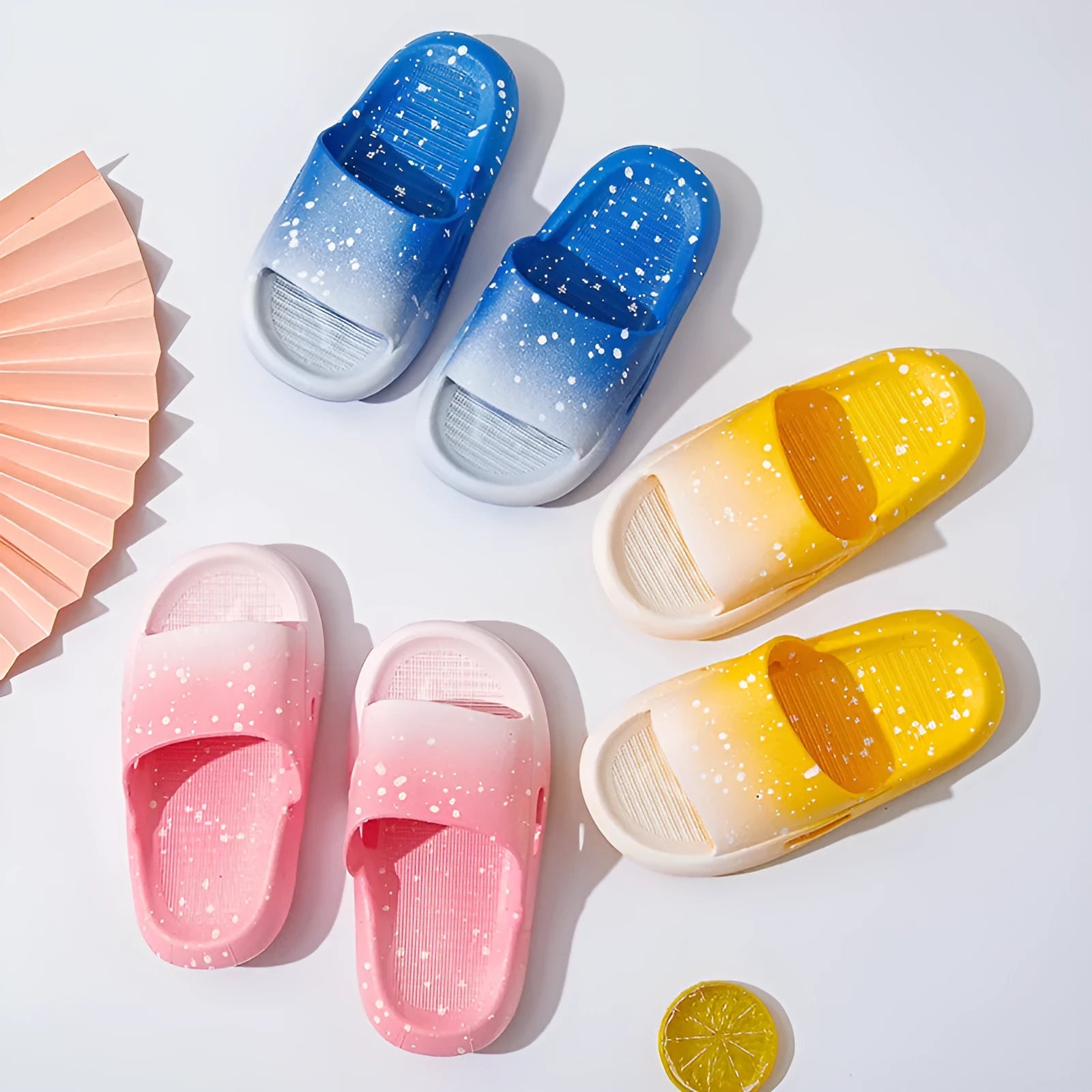 Children's gradient colour PVC summer slippers with non-slip soles in blue, yellow, green, orange, or pink