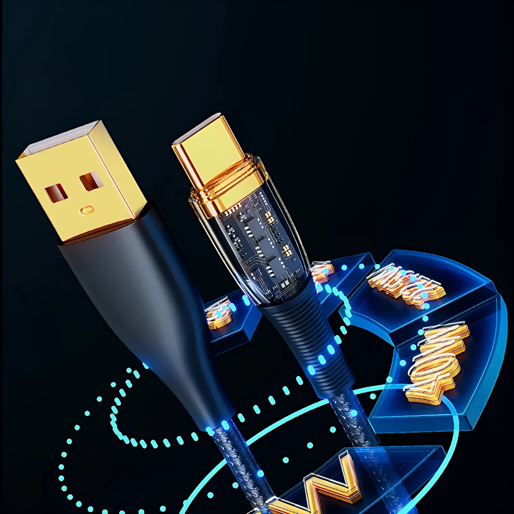 Transparent gold-plated 120W super fast charge Type-C data cable with woven fabric exterior, 2 metres long, black colour