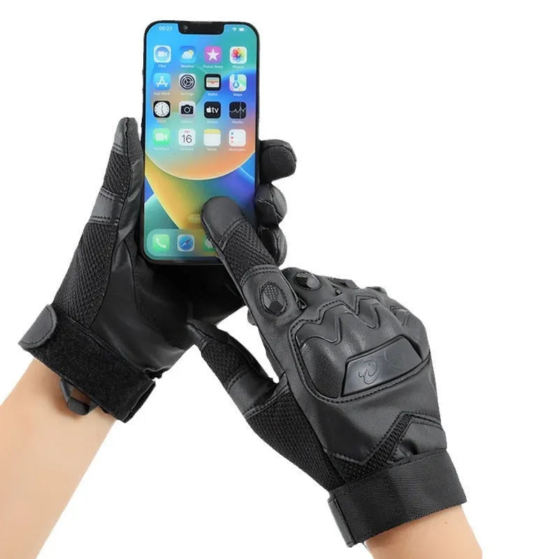 Men's black tactical full finger gloves with touch screen fingertips on a hand.