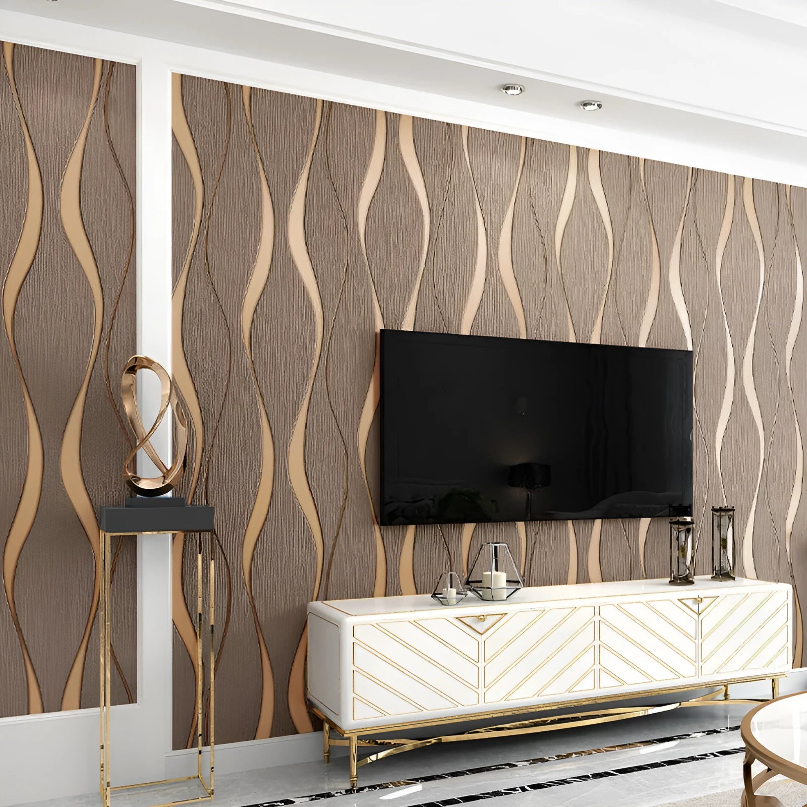Curve stripe 3D wallpaper roll, 9.5m x 0.53m, light gray non-woven wall cloth