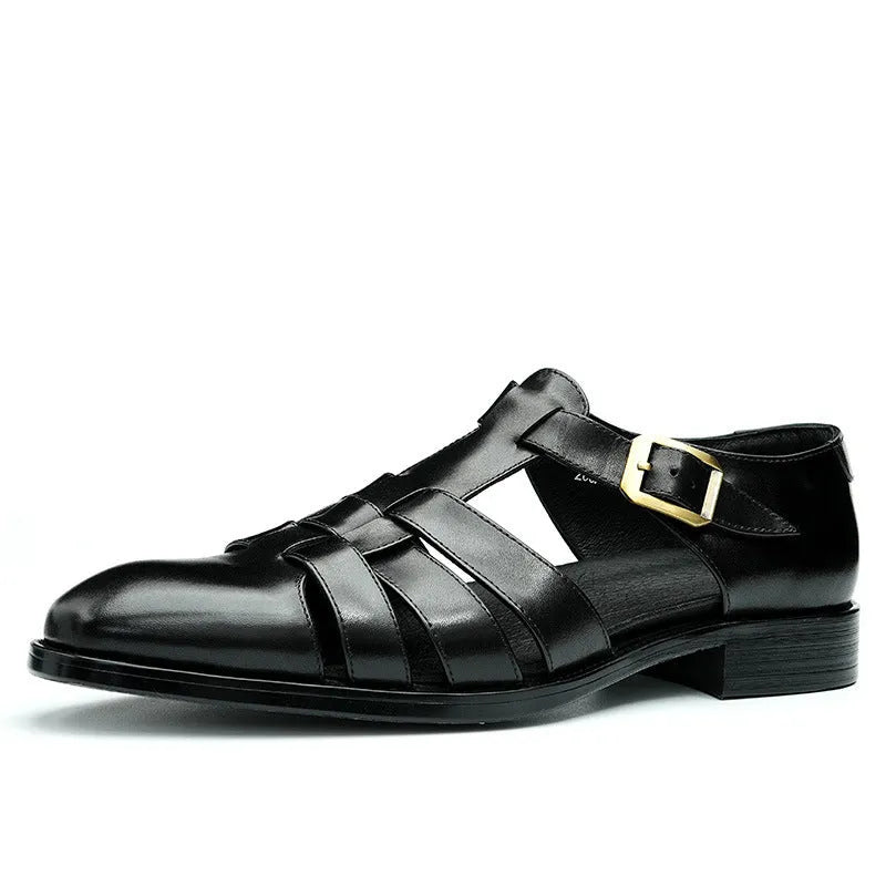 Men's black and brown genuine leather sandals with rubber soles for summer business casual wear