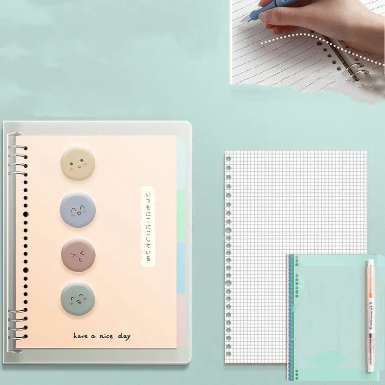 B5 hardcover notebook with lucky cat design showing binder binding for detachable pages