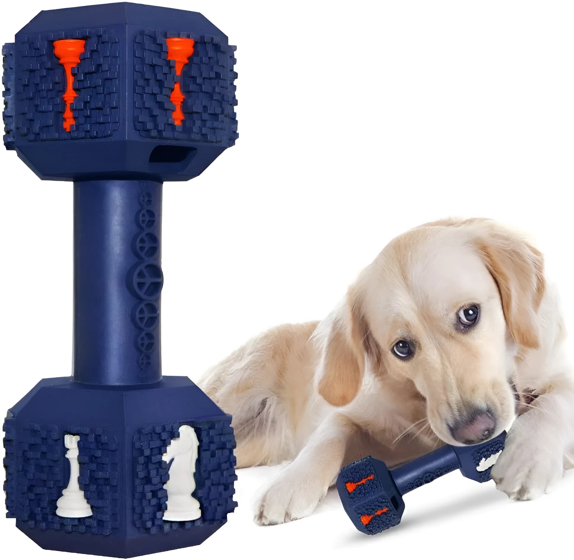 Black durable rubber dumbbell dog chew toy with textured surface and hollow ends for treats.