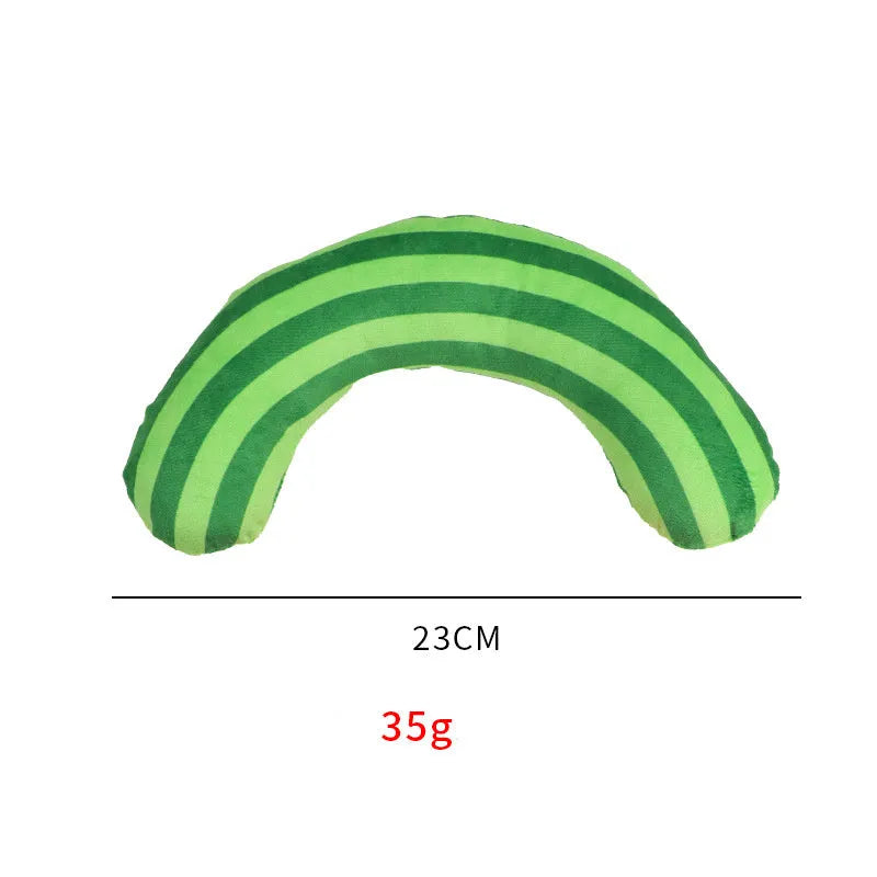 Striped pattern cat pillow toy with noise maker and catnip strip measuring 23 by 20 centimetres