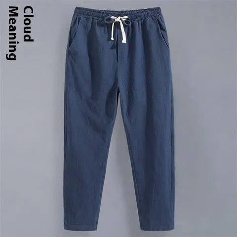 Men's cotton blend linen Tang suit cropped pants in high-waist straight-leg style