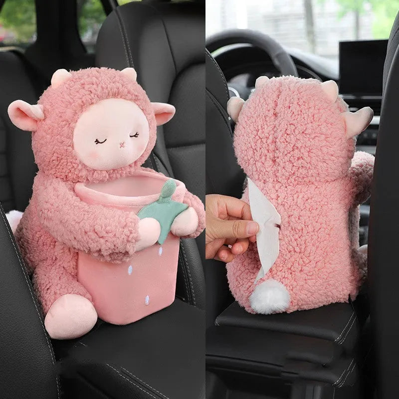 Plush car tissue box and rubbish bin combination in cute animal design for vehicle centre console