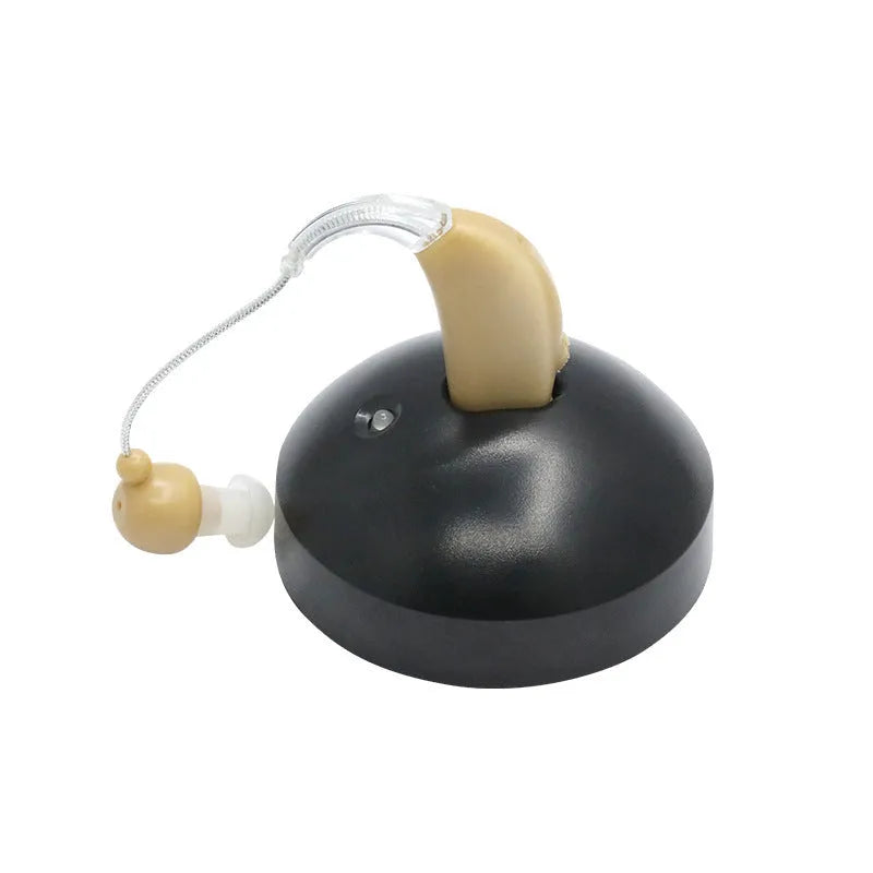 Black silicone rechargeable hearing aid amplifier for the elderly with charging cable