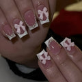 Set of 24 short, square false nails with pre-designed bow, tulip, starry sky, and leopard print patterns for a French manicure.