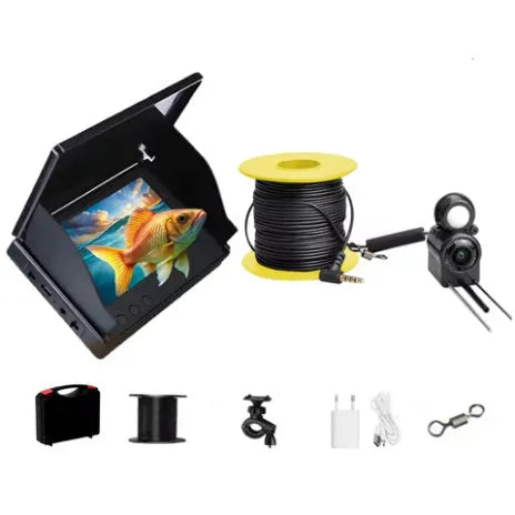 Underwater fish finder camera with 4.3-inch screen, wide-angle lens, and temperature sensor on a fishing boat.