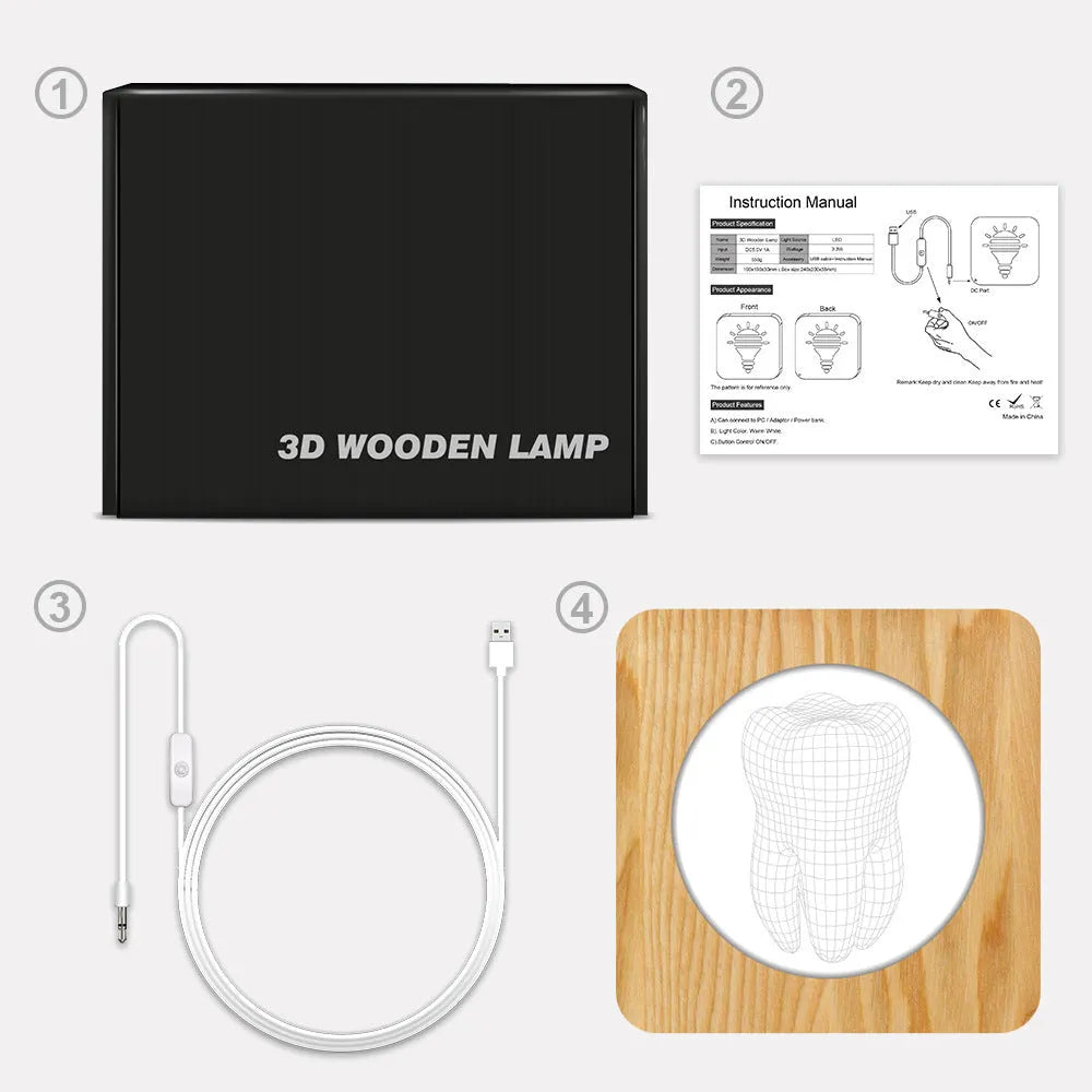Wood colour tooth shaped acrylic night lamp with USB cable on wooden surface