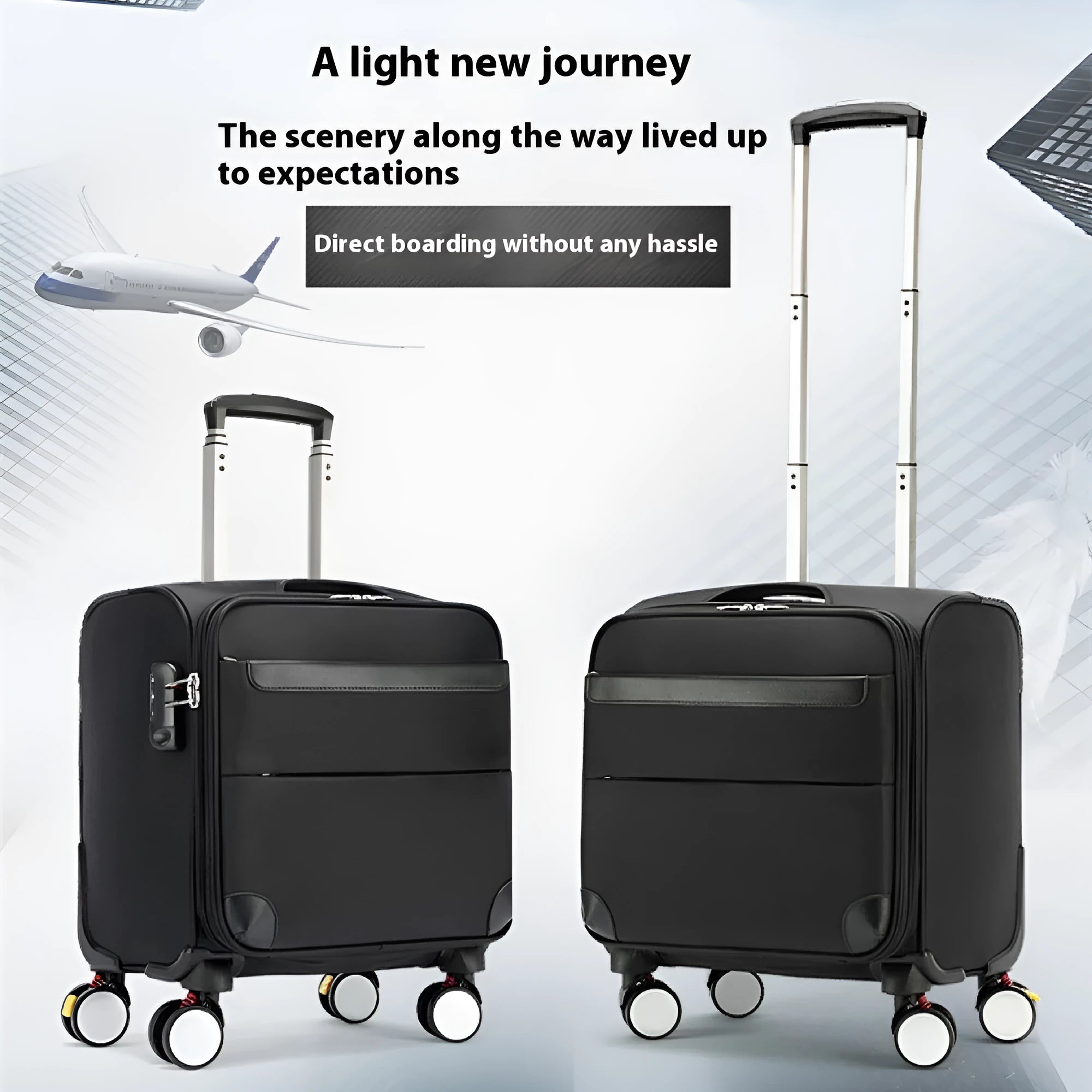 Black 18-inch Oxford cloth carry-on suitcase with retractable handle and four spinner wheels on a neutral background.