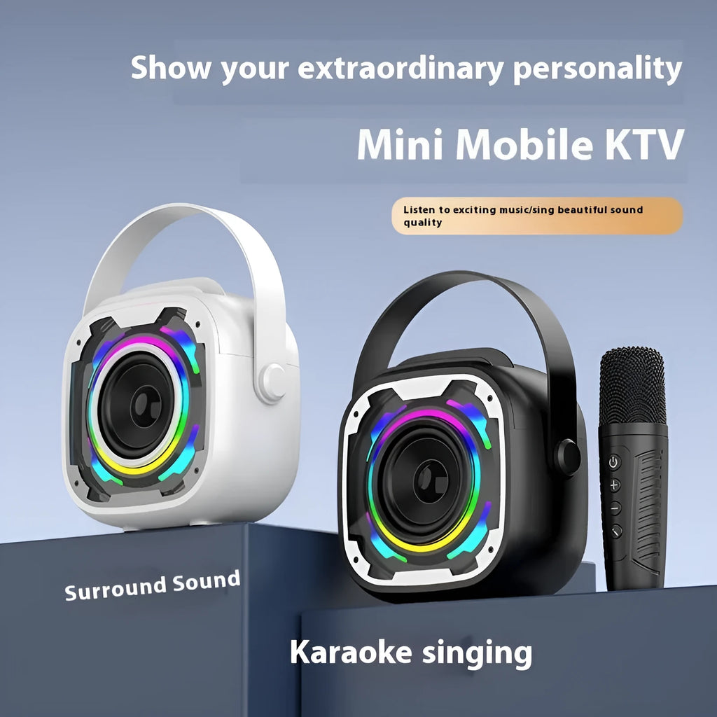 Portable Bluetooth speaker with integrated karaoke microphone in black, white, yellow, or pink