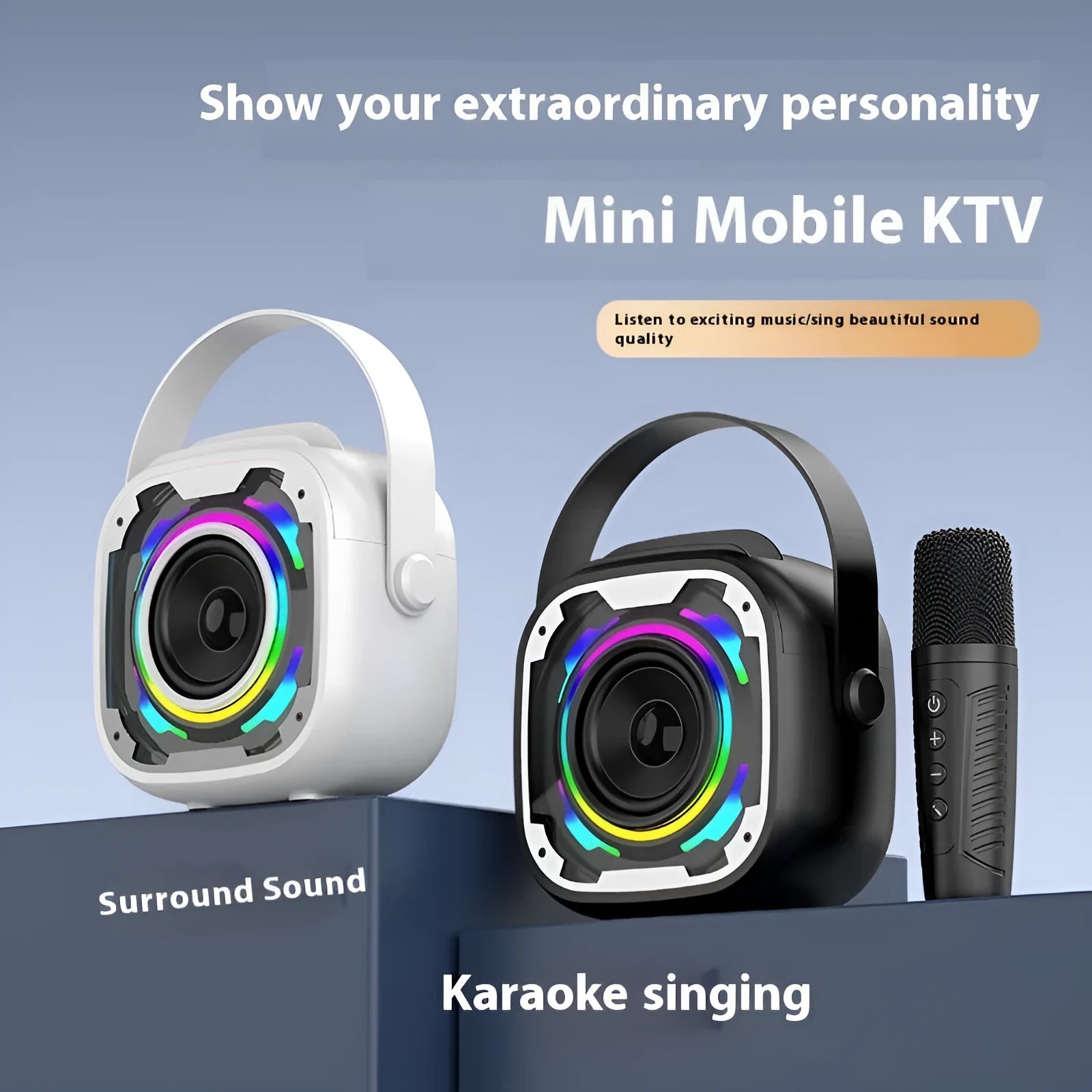 Portable Bluetooth speaker with integrated karaoke microphone in black, white, yellow, or pink