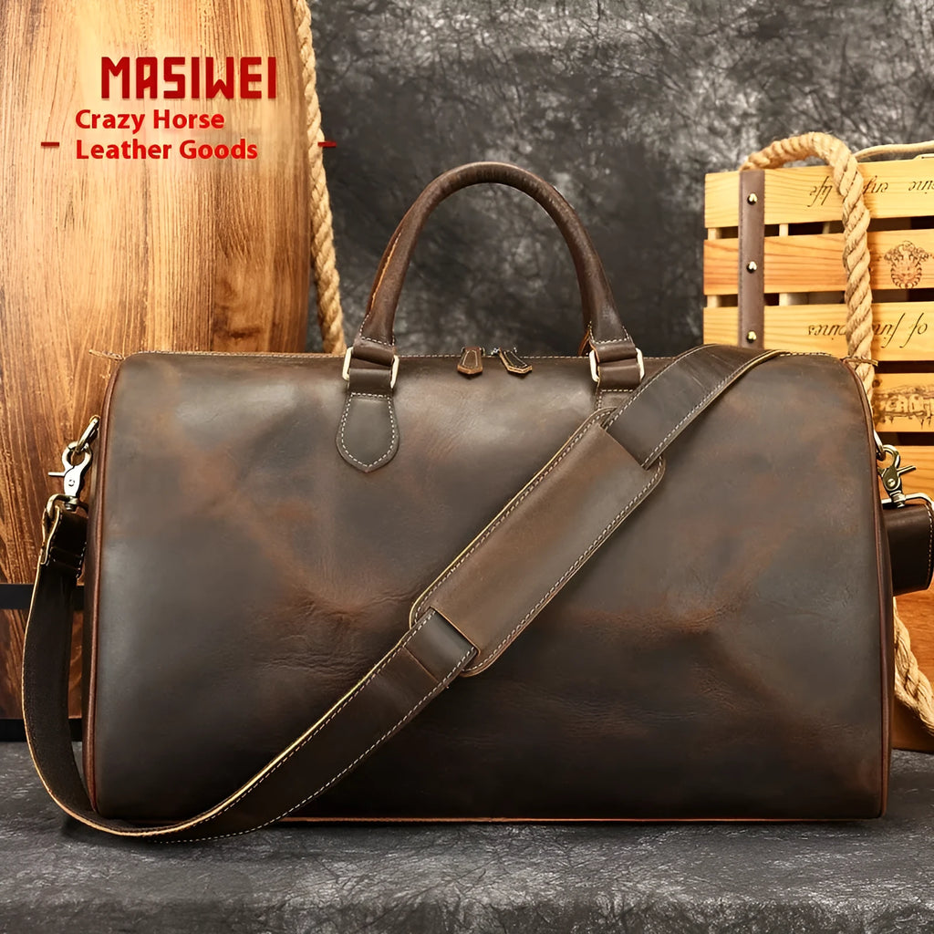 Men's genuine leather crossbody bag showing vintage design with substantial 48.3cm width dimensions