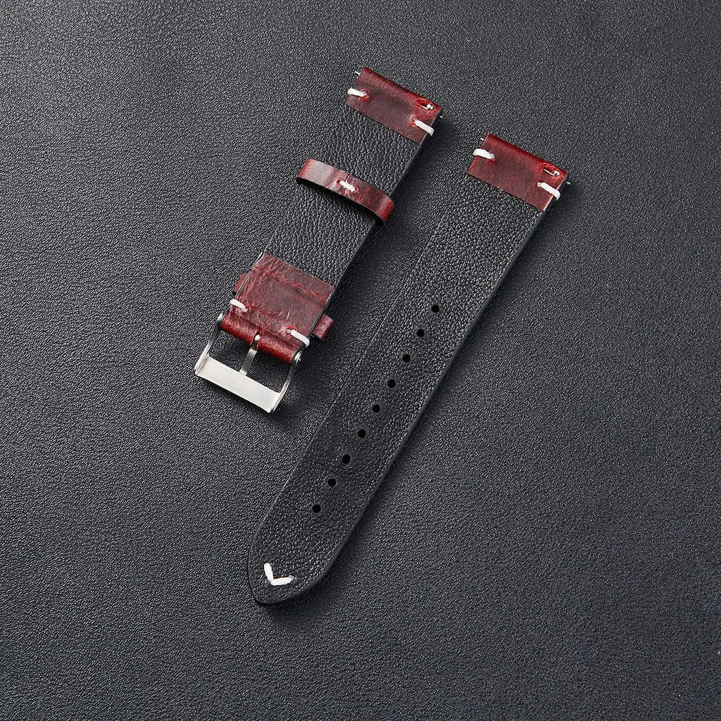 Italian oil wax discoloration leather watch strap in six colours with quick-release pins, 20mm and 22mm sizes