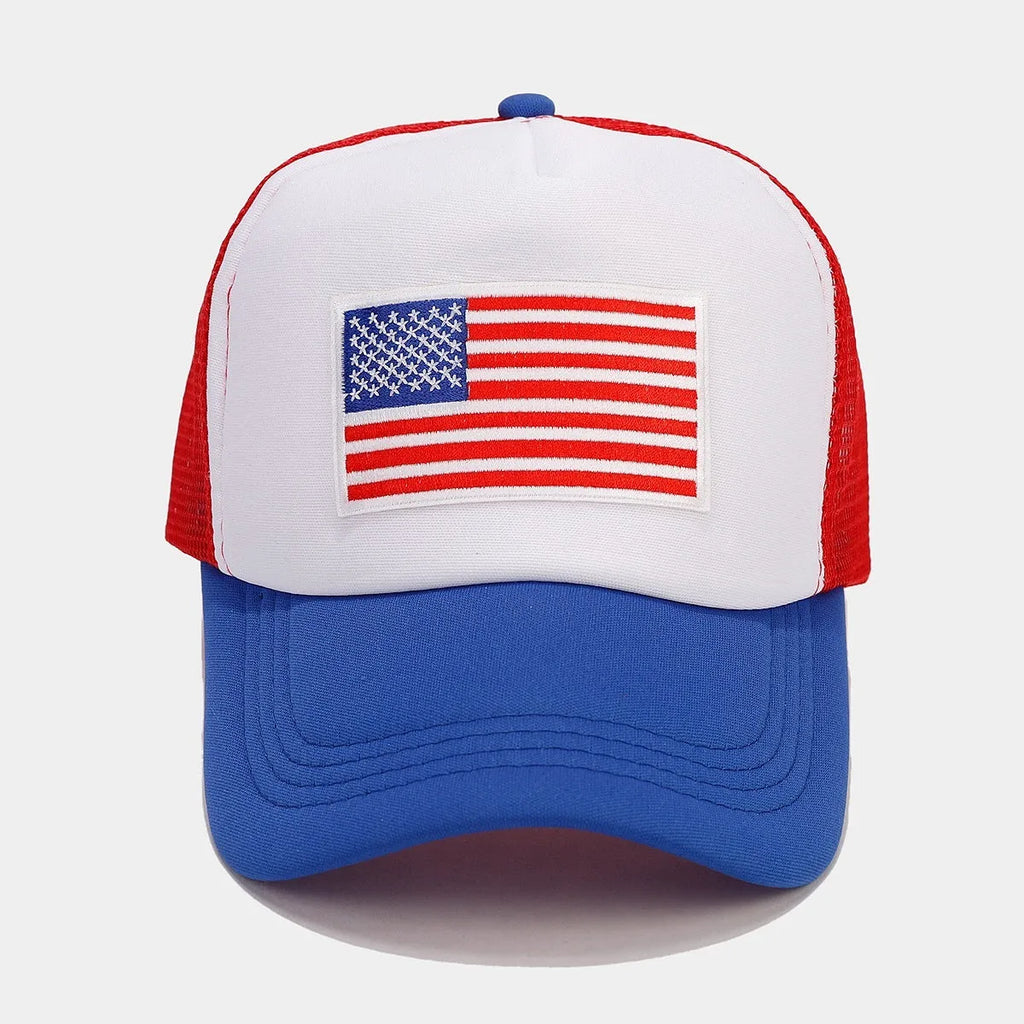 Red and blue contrast mesh baseball cap with adjustable dome crown design