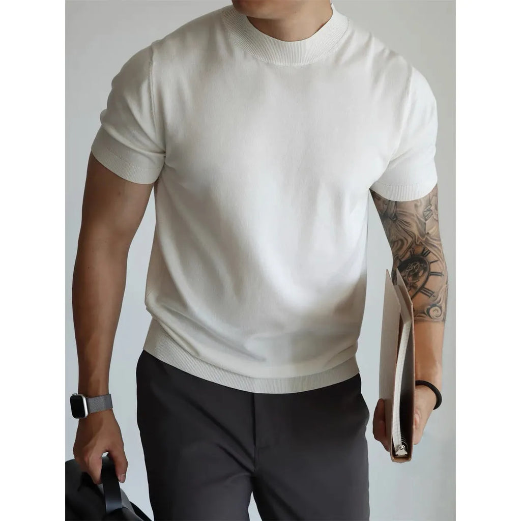Men's slim-fit solid colour T-shirt on a hanger, shown in a wine red colour.
