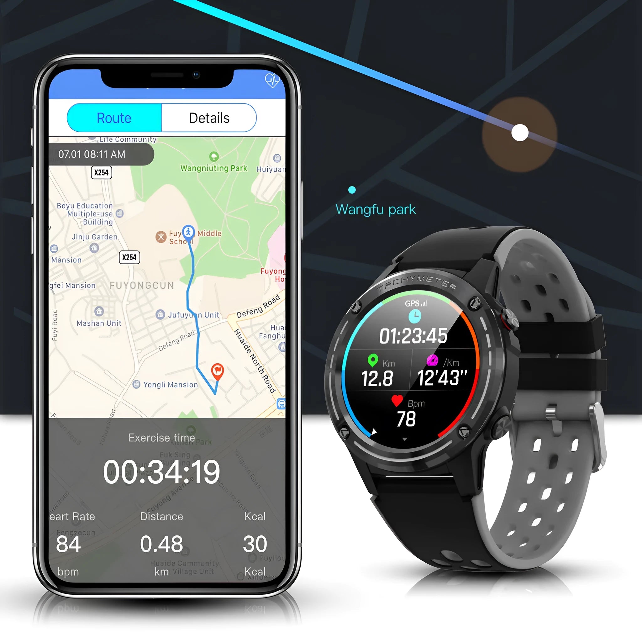GPS smart sports bracelet with silicone strap in multiple colour options