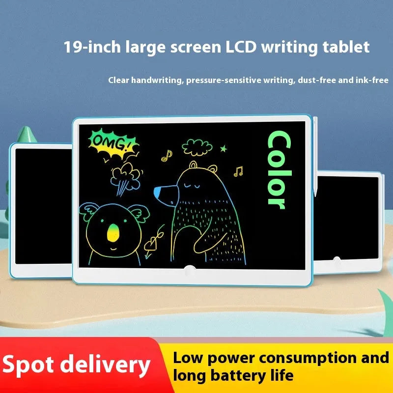 19-inch LCD drawing board for kids with blue and white frame on a wooden table.