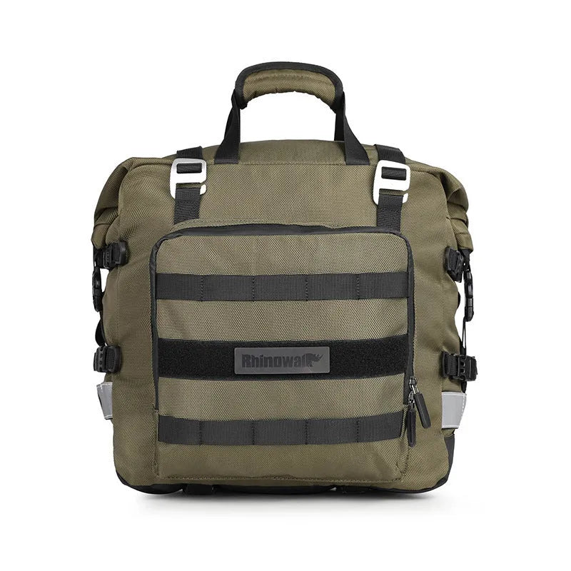 Motorcycle side bag with quick-release buckles shown in black and army green colours
