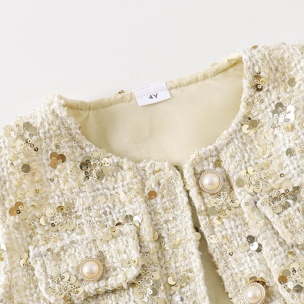 Cotton floral print long sleeve two-piece dress set for girls in apricot colour with blouse and skirt