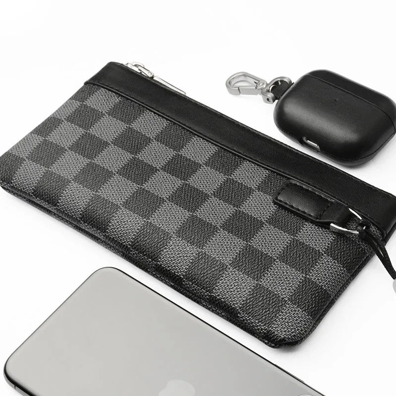 Men's black leather plaid clutch wallet showing 20x10 cm dimensions and cowhide material