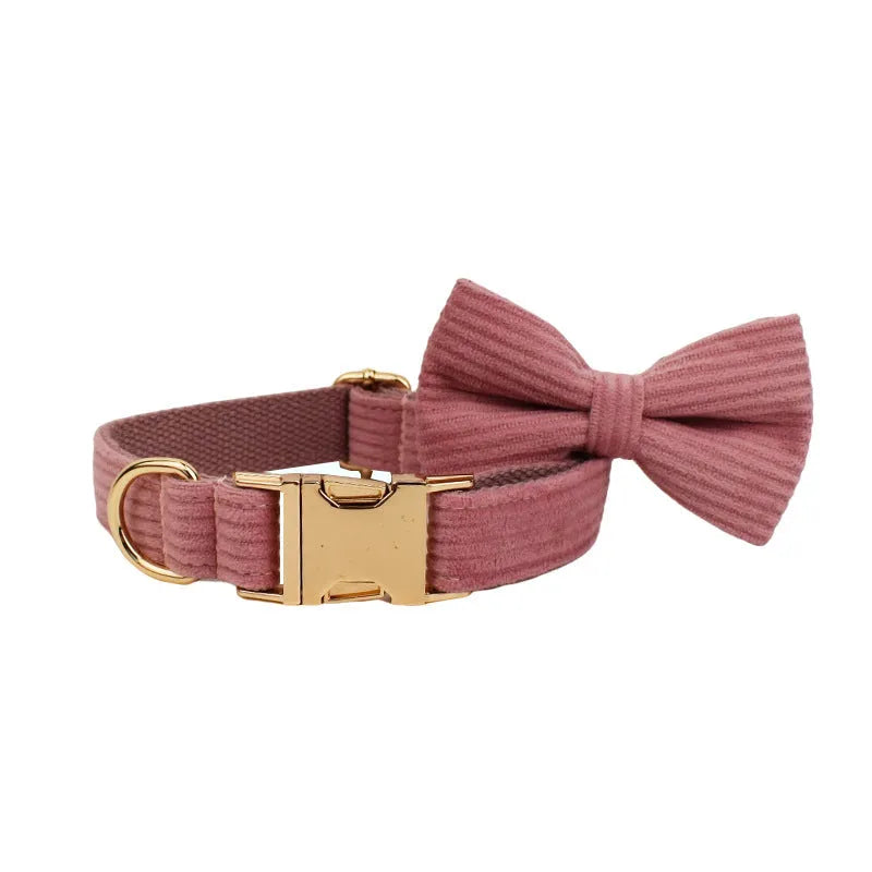 Corduroy dog collar and leash set with matching vest, bow, and poop bag holder accessories