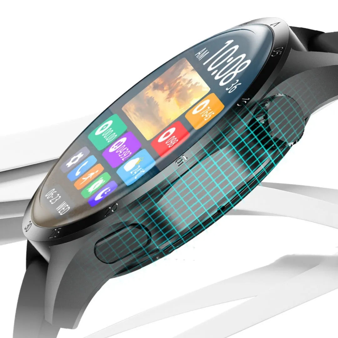 Black Bluetooth smartwatch with touch screen showing health stats, on silicone or Milan net strap.