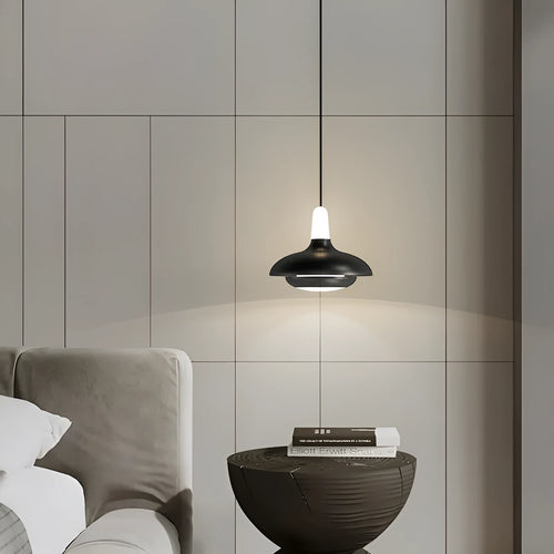 Adjustable Nordic style bedside pendant light in obsidian black finish with three colour temperature settings
