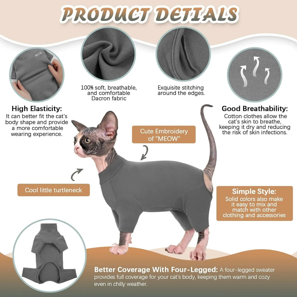 Hairless cat wearing soft turtleneck sweater with leg openings for winter warmth