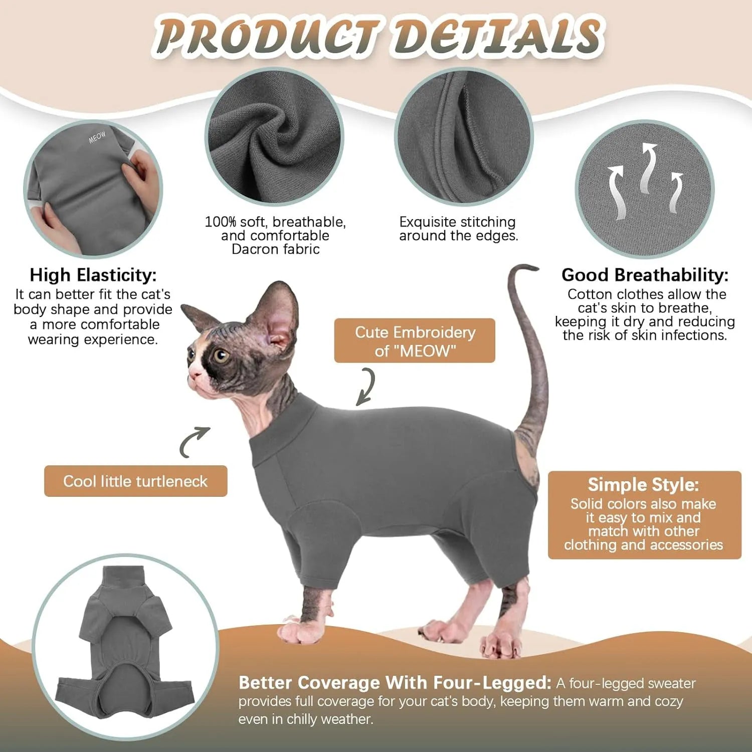 Hairless cat wearing soft turtleneck sweater with leg openings for winter warmth