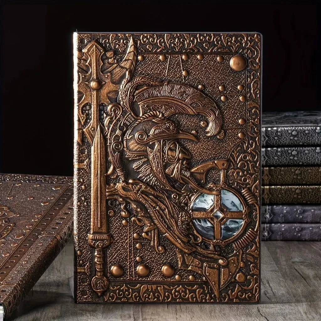 A5 leather notebook with embossed 3D warriors design on the cover, shown in a choice of colours.
