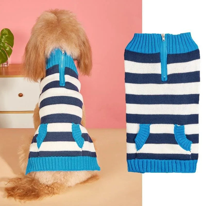 Blue dog sweater with horizontal zipper, side pocket, and contrast trim on a small dog.