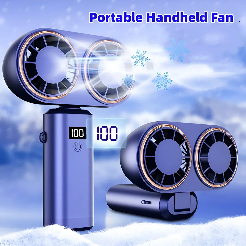 Foldable handheld USB fan with digital display, shown in milky white, unfolded for use.