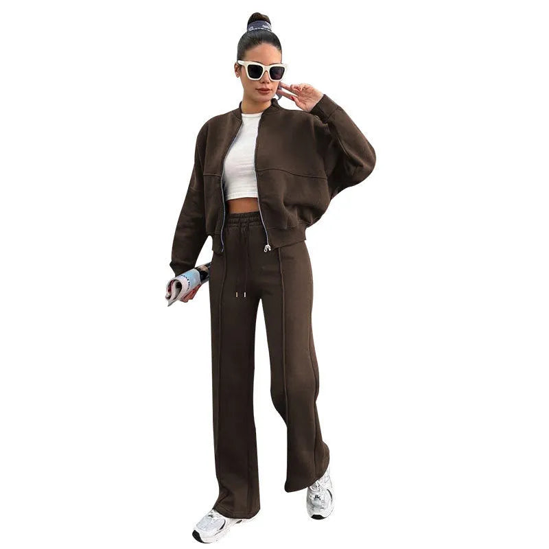 Women's fleece zipper cardigan and straight pants casual suit, seven colours, Japanese Korean style