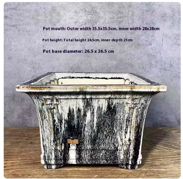 Ceramic square mouth flower pot with green crackle glaze finish, large size 36, on wooden surface