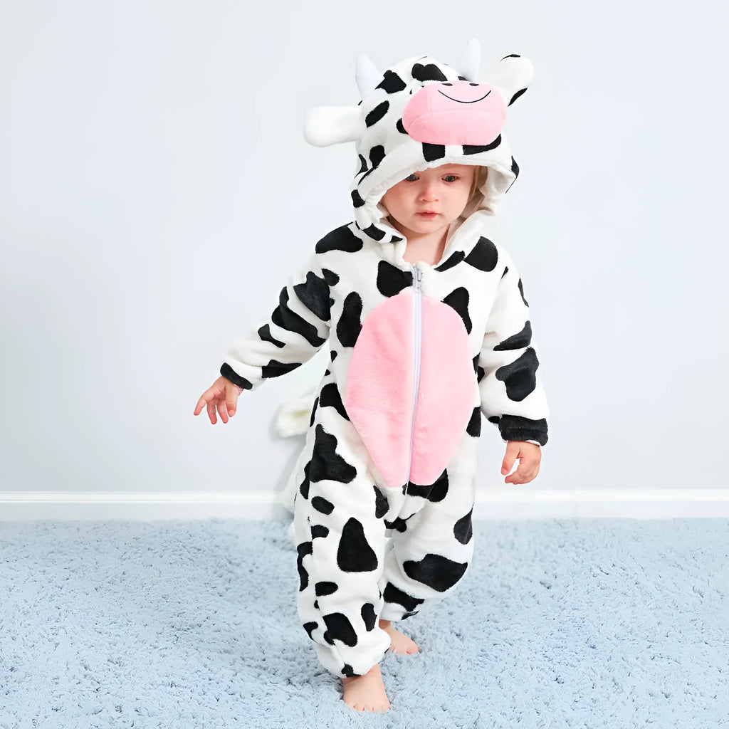 Neutral baby flannel jumpsuit in cow print with hood and long sleeves, available in sizes 70cm to 100cm for newborns