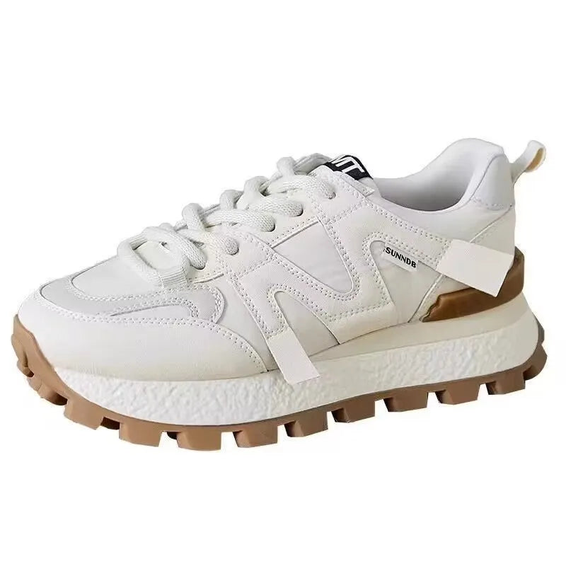 Women's low top round toe platform sneaker in beige with front lace-up closure and non-slip sole