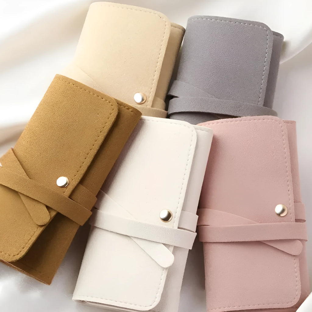 Brown soft leather square jewellery storage pouch measuring 12cm by 12cm