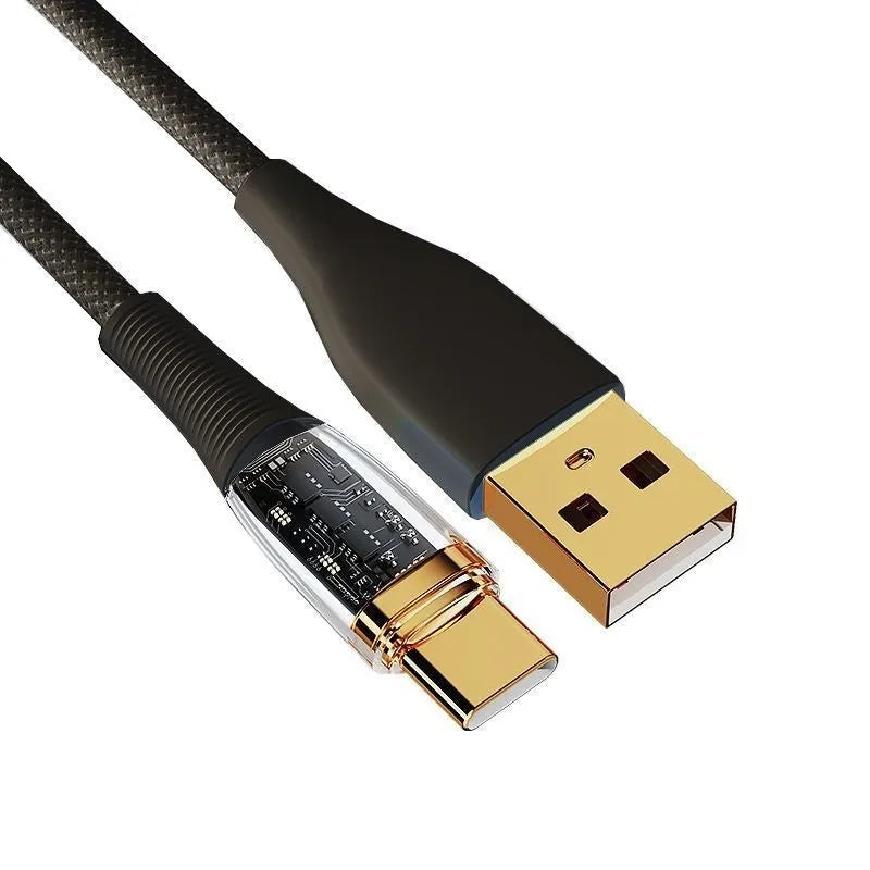 Transparent gold-plated 120W super fast charge Type-C data cable with woven fabric exterior, 2 metres long, black colour