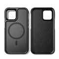 Black shatterproof magnetic phone case for iPhone 12 and 13 series on a table