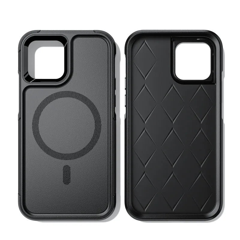 Black shatterproof magnetic phone case for iPhone 12 and 13 series on a table