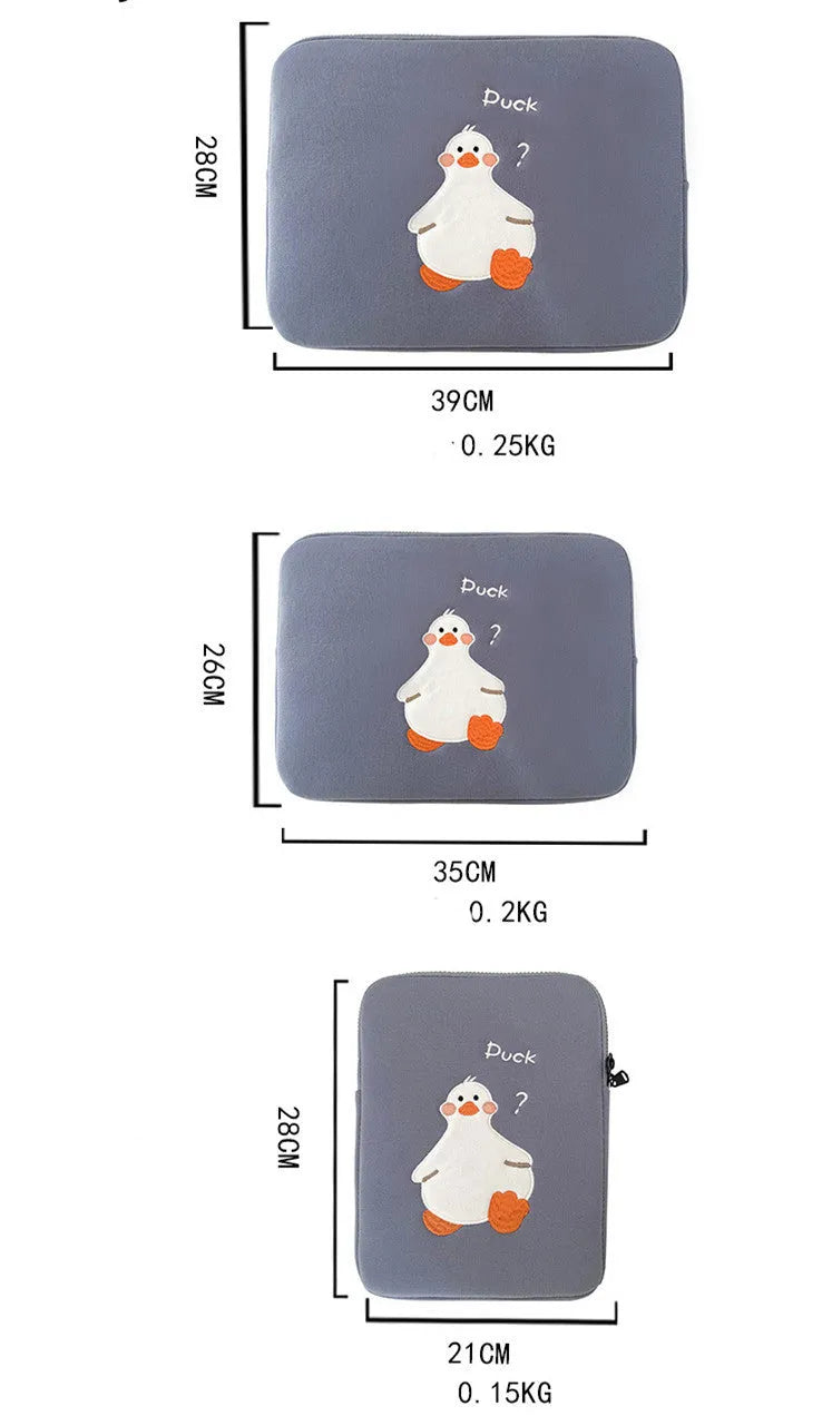 Blue cotton tablet case with duck embroidery, zipper closure, and 11inch to 15to16inch size options